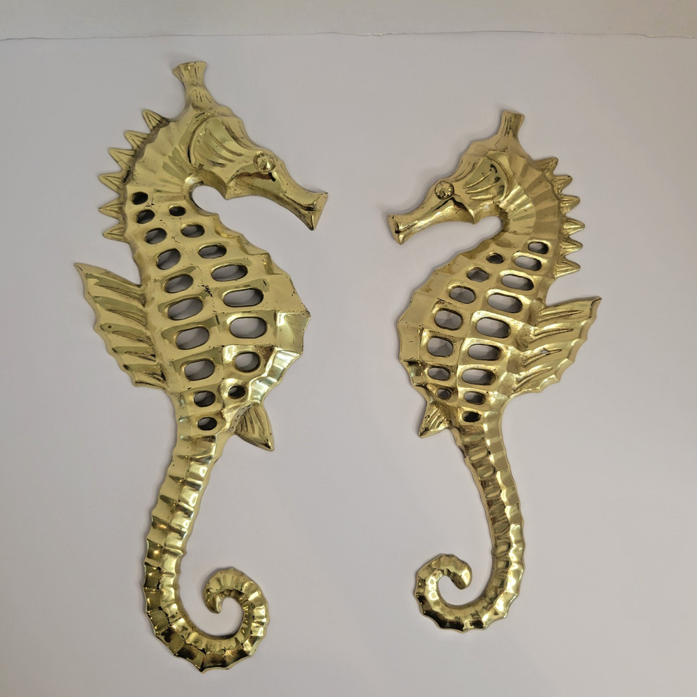 Vintage Solid Brass Sea Horse Wall Hangings Pair 14” & 12” Japan